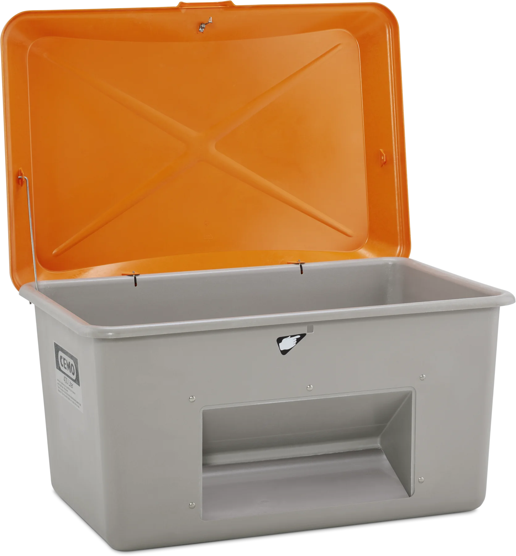 CEMO Plus3 grit bin with chute, 400 L, grey, orange